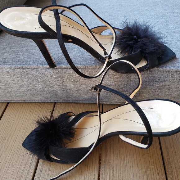 EUC kate spade pom-pom jet black heeled ankle sandals (10) - Picture 9 of 10